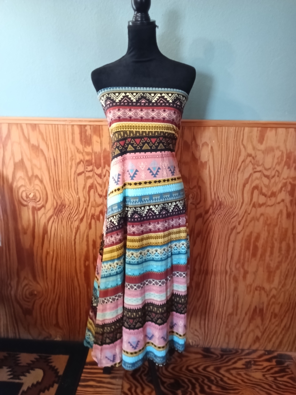 LuLaRoe Strapless Maxi Dress in Pink, Blue, Yellow and Black Tribal Print